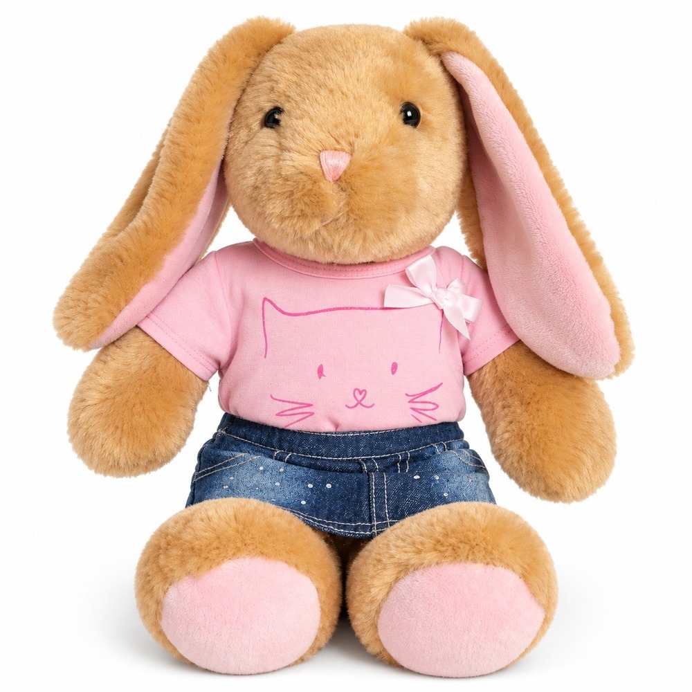 Build-A-Bear Bunny Plush Kids 16in Tan Pink Cat Shirt Denim Skirt Excellent BAB